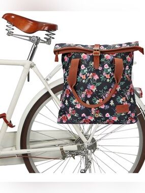 TOURBON Bike Bag Clip-on Bicycle Pannier Roll-top Messenger - Black with Flower